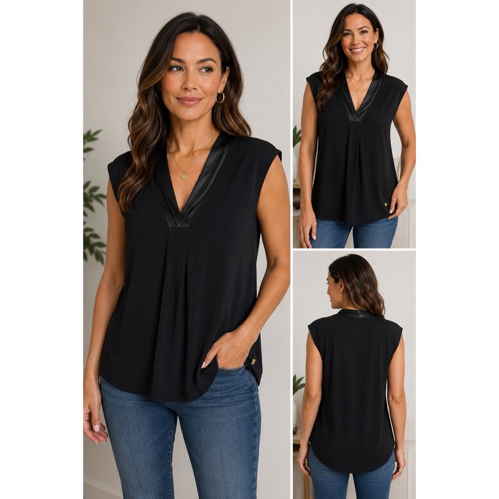 Anne Klein Black Sellers V Neck Blouse Satin Trim Draped Top Womens XL Career